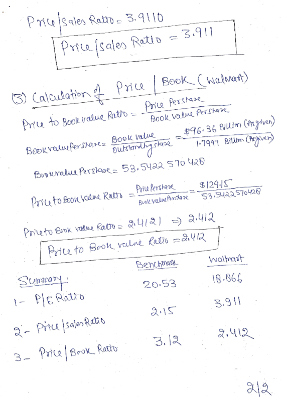 Price sales Ratio - 3.9110 Price (sales Ratio = 3.911 Price / Book (Walmast) (3) Calculation of Price to Book value Ratio - P