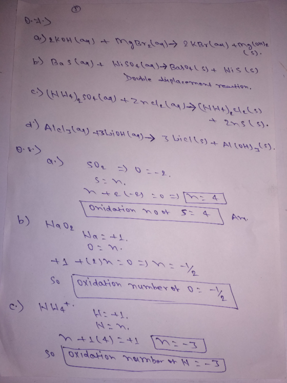 0.t.) a.) 2 K OH (lag) a Mg Brelag) 2 kBrlay) amg (ottle b.) Bas (an) & Hisoa (aq) Basa (s) + His (s) Double displacement rea