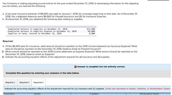 Fes Company is making adjusting journal entries for the year ended December 31, 2018. In developing information for the adjus