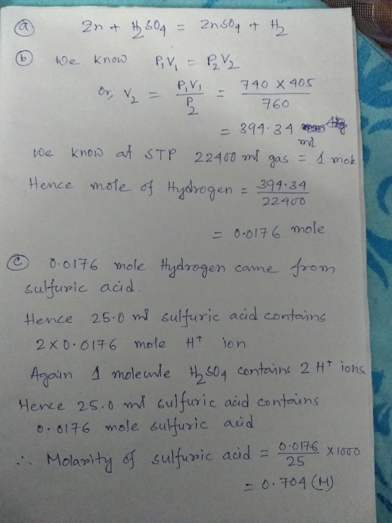 @ 2n+ 504 = 2n6oq et ty we know P, V = Pz V₂ Or, v, - P. V . 740 X 405 o 2 - - 760 - 394.34 mm we know at STP 22400 mi gas =