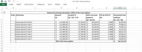 03.11.2019 - Microsoft Excel ES FILE HOME INSERTPAGE LAYOUT FORMULAS DATA REVIEW VIEW AB F н Sl.No. Particulars 1 Lease payme