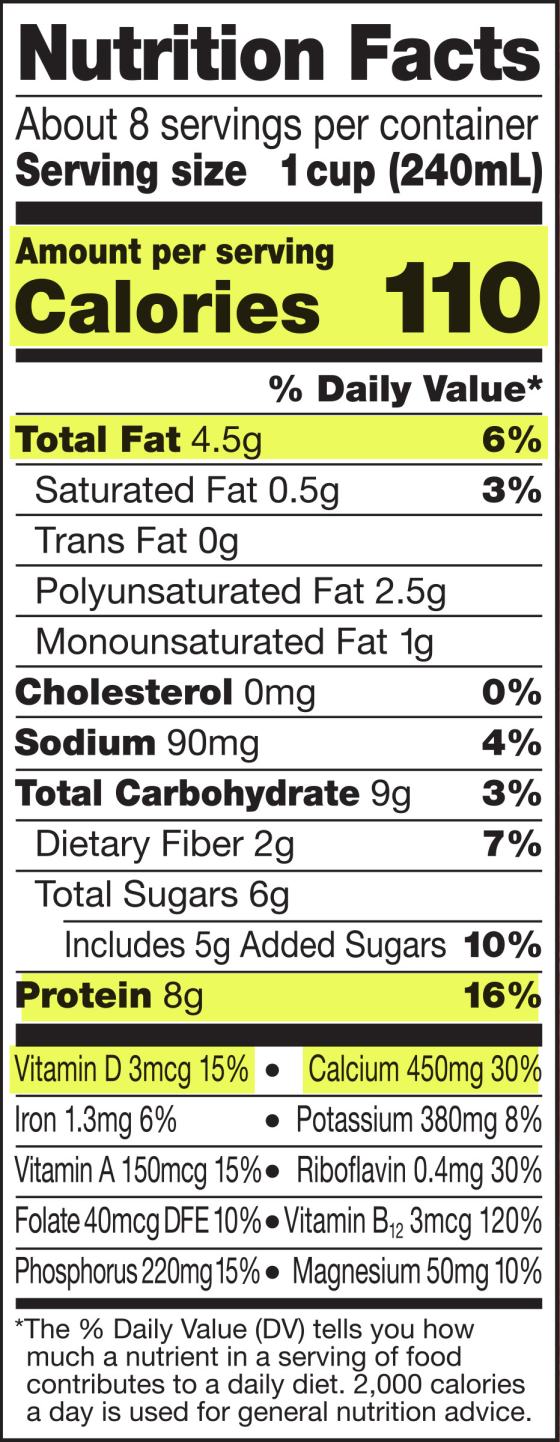 Nutrition Facts About 8 servings per container Serving size 1 cup (240mL) Amount per serving Calories 110 % Daily Value* Tota