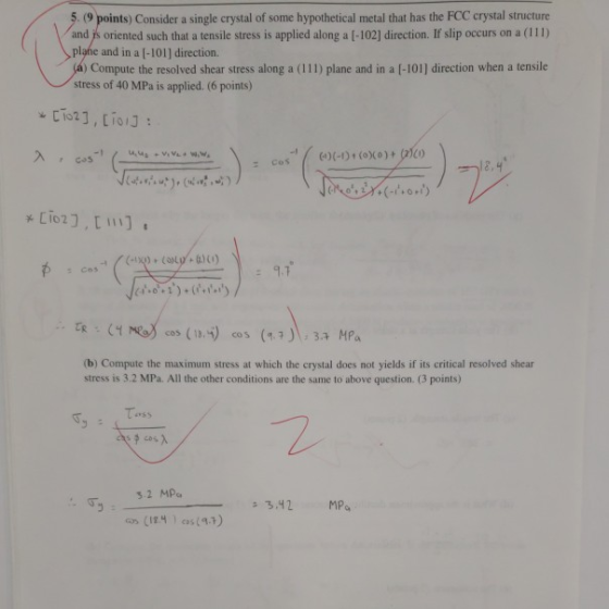 3. 19 points) Consider a single crystal of some hypothetical metal that has the FCC crystal structure and is oriented such th