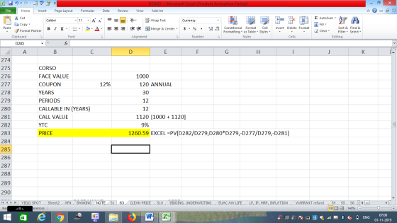 BOND - Microsoft Excel (Product Activation Failed) Add-Ins File Home Insert Page Layout Formulas Data Review View - 2x % Cut