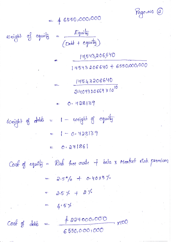 Page No ③ =$6550,000,000 weight of cquily - Equilig 1. (Debt & equitay) 197543,206,640 17543206640 + 6550,000,000 14543206640