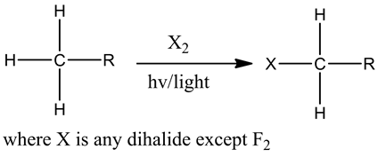 X2
HCR
X-
C-
R
hv/light
H
where X is any dihalide except F2