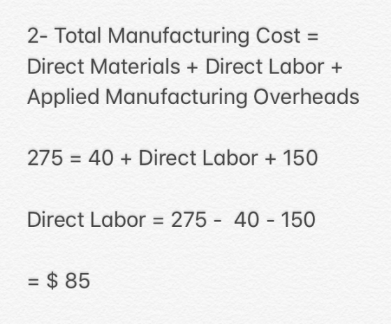 2- Total Manufacturing Cost = Direct Materials + Direct Labor + Applied Manufacturing Overheads 275 = 40 + Direct Labor + 150