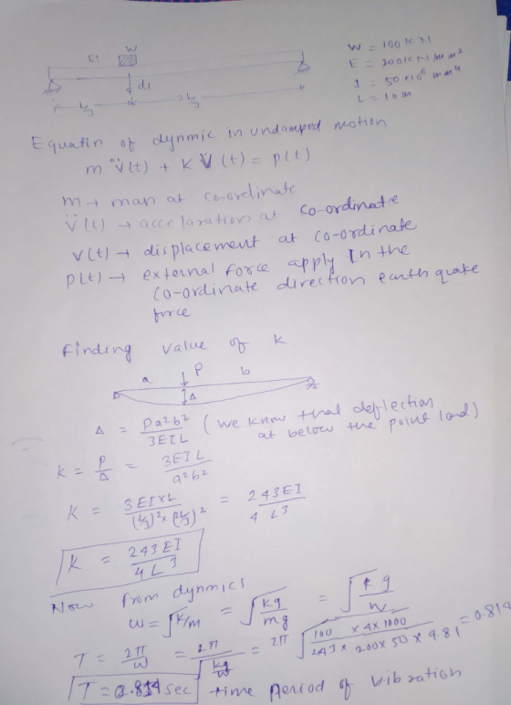 W = 100k E = 200kn mm2 1 - 50x1go mma L=lom Equatin of dynmic in undamped motion m Vit) + K V (t) = plt) my man at coorelinat