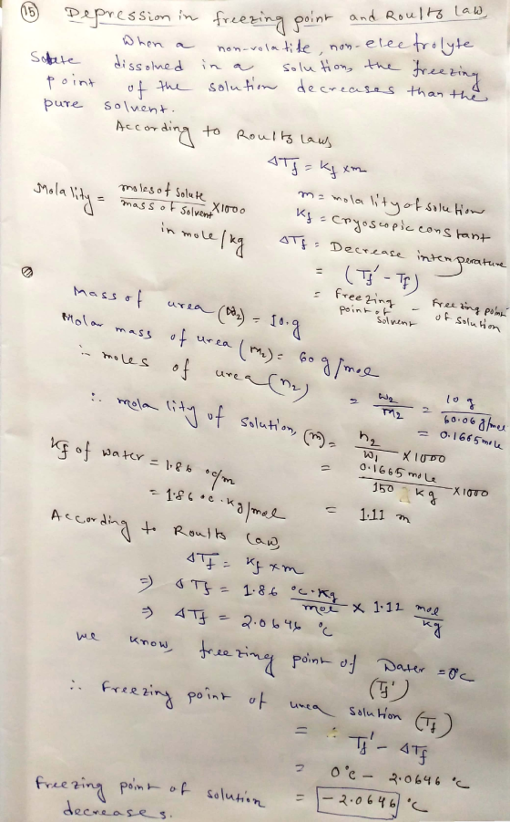 15 Depression in when a Solute dissolved point of the pure solvent. According freezing point and Roulto law non-volatile, non