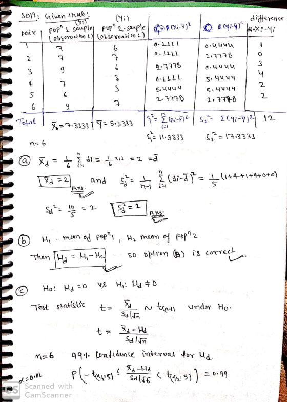 soll. Given that! belir POP I saupler pop 2 sample (observation 1 (observation 2) difference Q 804Y) bi-x:-Yi 0. 0.11LL 9 t