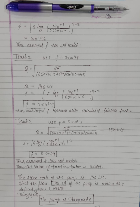 el 4 - | 2 log Calebo =0.0196 Thus, assumed f doo not match Trail-2 use f = 0.0049 (667x105)+(1+02X16X0.0047) Q = 14645 f = 1