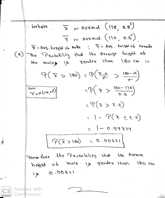 (a) . we have tn Normal (178, 0.8²) ī n Normal (170, 0.6) X = Avg. height of mate : Ta Aug, height of female The Pobability t