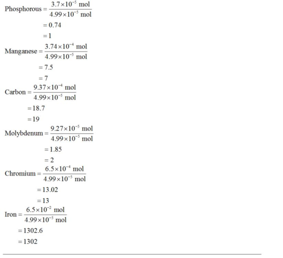 3.7x10- mol 4.99 x 10- mol -0.74 3.74x10 mol Manganese = 4.99× 10-5 mol 9.37x10 mol 4.99×10-5 mol Carbon -18.7 = 19 9.27x10-