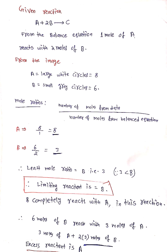 1 mole of A Given reaction A+2B=0 from the Balance equation reacts with a moles of B. from the image A= large white circles=