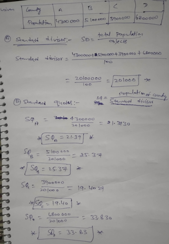 Given - I County la Population 14300000 5 100000/3900000 16800000 ® standard divisor:- con total population So= objects Stand