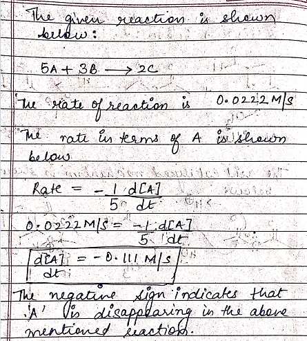 - The given reaction is shown Uworldwide 5A + 38. —> 20 C Tu Hate of reaction is 0.0222MS The rate in terms of A is shown bel
