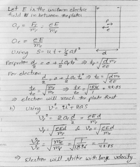 Let Eis the umiferm elechact eld in betiween the plates me dl 之tr.Kor cten-do.ea-rt L aftr For electren CE CE 뇨一.twーーーーク elec tren Lill reach the flate fint rme OTES う-Elechen uoiD-s hikeuothlay.mudak