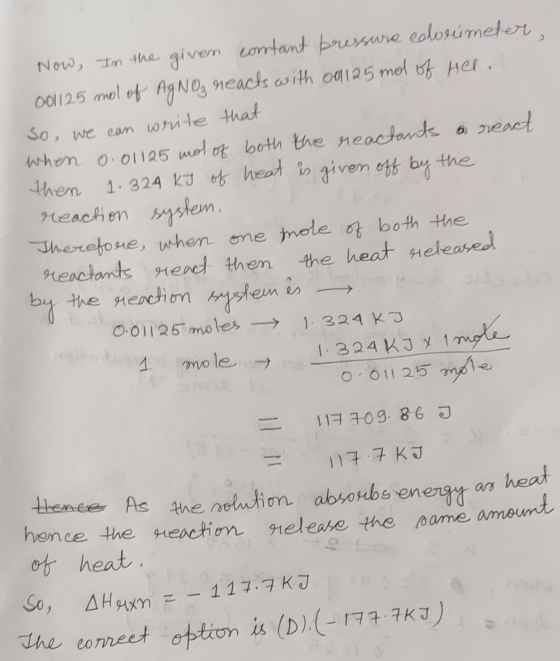 Now, In the given contant bressure edocumeler, 001125 mol of AgNO₃ reacts with 80 125 mol of Hel. So, we can write that when