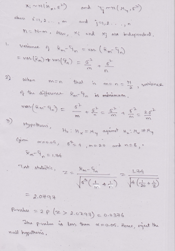 n = Nom, Also, Xi and X; ~N 14:02) and Yi mat (My 102) where i=1,2... 2. j 7,2.. in x are independent, - var variance of fm-i