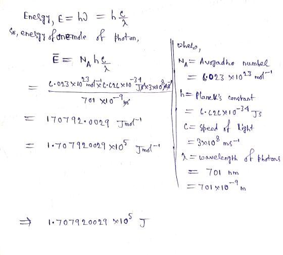 whehe, Eneggy, E= h) = haben So, eneggy of onemole of Photon, Ē= Naber NA- Avogadro numbele = 6:023 X 1023 molas = 6.023x102