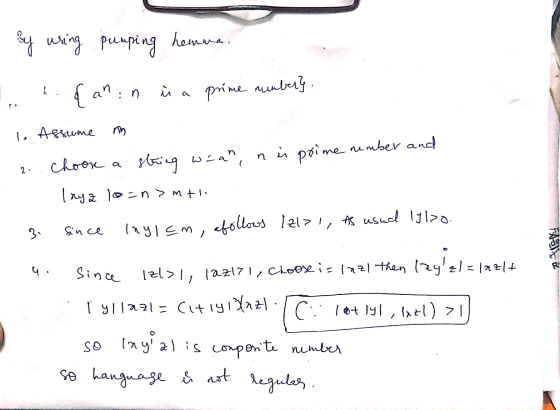 By using pumping hemma. >- { anin in a is a prime number} 1. Assume 2. choose string waan, nii prime me number and Inya loan