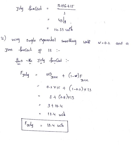 July forecast - 2.46+15 - 43/3 x=0.2 and a - 14.33 inside hi) using simple Exponential smoothing with June forecast of 13 :-