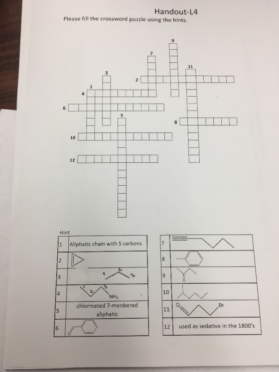 Handout-L4 Please fill the crossword puzzle using the hints. 10 TTT Hint Aliphatic chain with 5 carbons NH₂ chlorinated 7-me