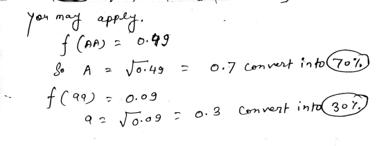 you may apply. f (AA) = 0.99 So A = JO.49 = 0.7 convert in to 70% f(99) = 0.09 9. Voog = 0.3 Convert into 301.) .