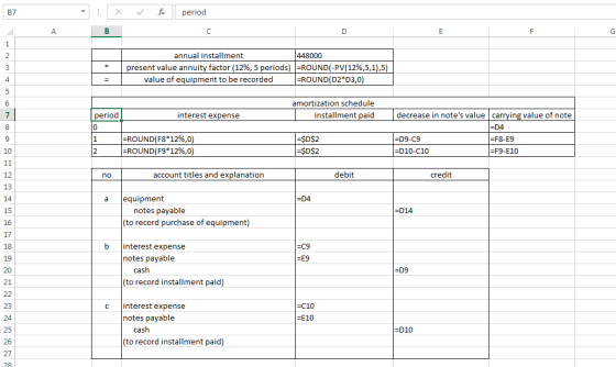 . : x fc period annual installment 448000 present value annuity factor (12%, 5 periods) =ROUND(-PV(12%,5,1),5) value of equip