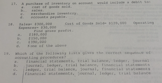 17. A purchase of inventory on account would include a debit to: a cost of goods sold. b., sales. Ir.erchandise inventory. ac