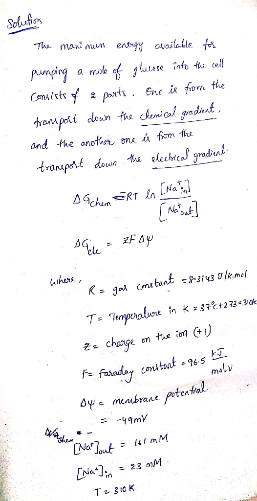 Solufion Th ma mu entrgy available f Pumping a mole of utare into to cell CenAist 2 ports ranpott down the chemical gradiat E