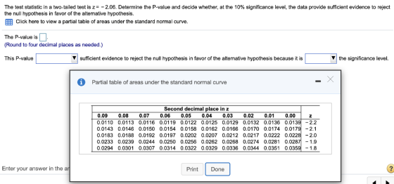 The test statistic in a two-tailed test is z=-2.06. Determine the P-value and decide whether, at the 10% significance level, the data provide sufficient evidence to reject the null hypothesis in favor of the altermative hypothesis. Click here to view a partial table of areas under the standard normal curve The P-value is (Round to four decimal places as needed.) This P-value IS Vsufficient evidence to reject the null hypothesis in favor of the alternative hypothesis because it is the significance level Partial table of areas under the standard normal curve Second decimal place in z 0.09 0.08 0.07 0.060.05 0.04 0.03 0.02 0.0 0.00 0.0110 0.0113 0.0116 0.0119 0.0122 0.0125 0.0129 0.0132 0.0136 0.0139 -2.2 0.0143 0.0146 0.0150 0.0154 0.0158 0.0162 0.0166 0.0170 0.0174 0.0179-2.1 0.0183 0.0188 0.0192 0.0197 0.0202 0.0207 0.0212 0.0217 0.0222 0.0228-2.0 0.0233 0.0239 0.0244 0.0250 0.0256 0.0262 0.0268 0.0274 0.0281 0.028기 -1.9 0.0294 0.0301 0.0307 0.0314 0.0322 0.0329 0.0336 0.0344 0.0351 0.0359-1.8 Enter your answer in the a Print Done