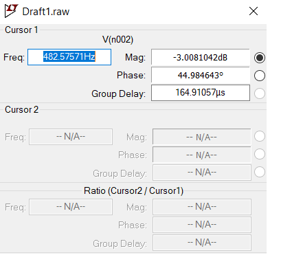Draft1.raw Cursor 1 V(n002) 3.0081042dB 44.984643° 164.91057us 482.57571Hz Mag: Phase Group Delay: req. Cursor 2 N/A- Mag Pha