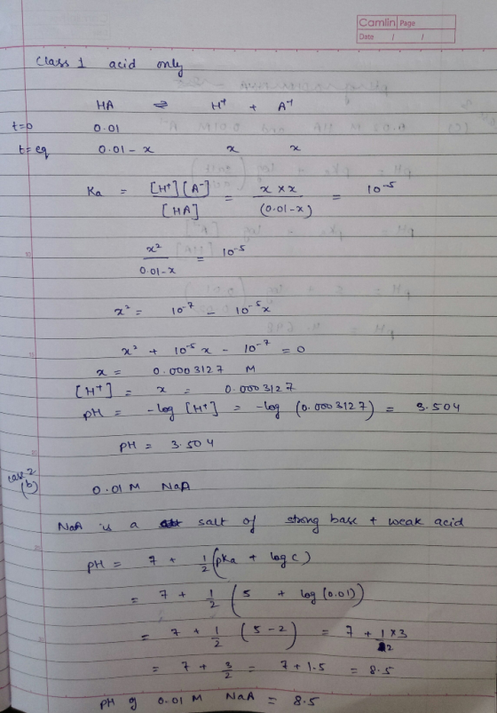 Camlin Page Date usiatdm HA 0-01 LH Al (001-2) 001-χ 2 0 000 312 M 0.000 3127. っし 8 So bake t weak acid o.o1 PH 힝 0.01 M NaA