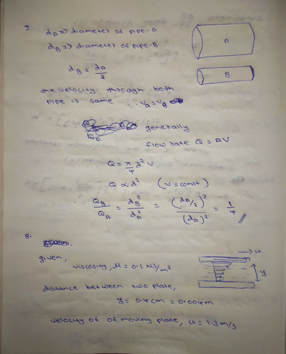 7 da =) diameter of pipe-A dg =) diameter of pipe-s do= da the velocity through both pipe is same generally flow date Q=AV Q=