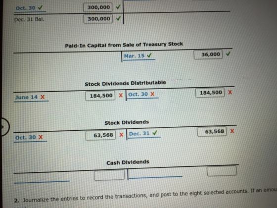 Oct. 30 Dec. 31 Bal. 300,000 300,000 Pald-In Capital from Sale of Treasury Stock Mar. 15 36,000 Stock Dividends Distributable