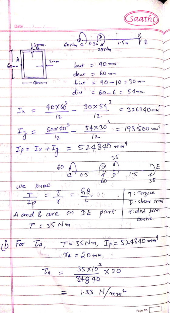 Gaathi) Date GON SM OSN - 25 Noy beat = 40 mm dent = 60 mm bint = 40-10 = 30mm dint 60-6=54mme J 40w Ik = 40x60 - 30x5¢ =3263
