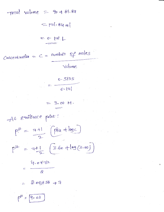 Total volume = 90 + 81.84 =171.80ml Io.AL Concentration - C = number of moles volume 0.5135 0:171 = 3.00 M. AL Ewilance point