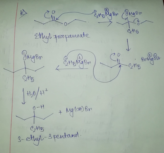 ki ci OH Mgom omger C₂H5 Ethyl proopanoate Eugen CH 5 Mg Bn Bringost t - C₂H5 CH5 (1,0/ HO/Ht o-H + Mg(OH) Br C₂H5 3-ethyl-3