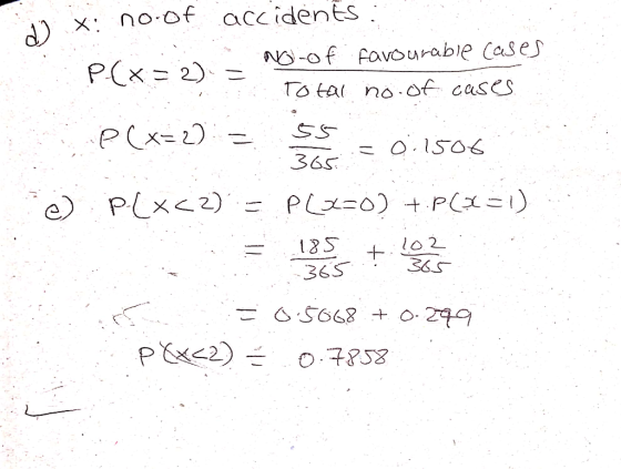 d) x: no-of accidents :P(X=2) No-of favourable cases e t Total no of cases. P(x=2) = $$=0:1506 e) PCX<2) = PLK=O) + P(X=1) =