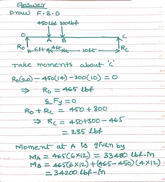 Guswer Draw F. B.D. m .450 tbf Bookbook B hokoft**k dottaa Take moments about Ĉ Rolo) – 450(14) – 300(10) = 0 → RO = 465 lb..