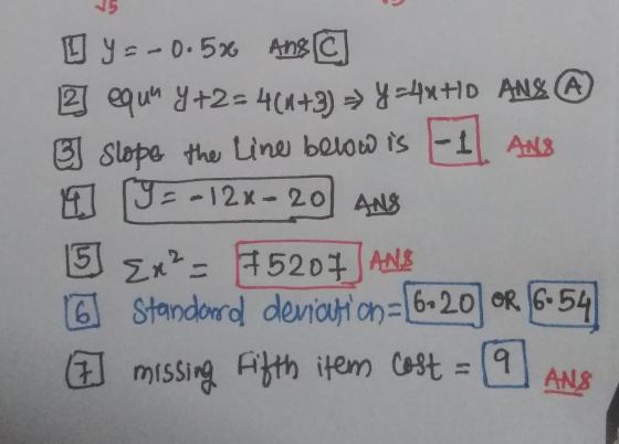 DJ Y = -0.5% Ang C 21 equu y+2= 4(1+3) => y =48+0 ANSA 2 slope the line below is -1 ANS a 193-12x- 20 ANS 5 Exa: #5207 ANS 6