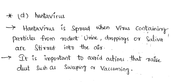 * (d) hantavirus Hantavirus is spread when Virus Containing particles from rodent Usine, dooppings or saliva are Stirred into