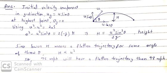 usino Ans. Initial velocity component in g-direction My = usinu at highest point, by zo Using a ² y ²= 2a5 uloso oz. usin?0 =