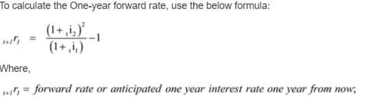 To calculate the One-year forward rate, use the below formula: nuta = (1+, (1+i) Where, 1 = forward rate or anticipated one y