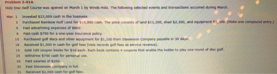 Mar. 1 3 5 6 Problem 2-01A Holz Disc Golf Course was opened on March 1 by Winds Holz. The following selected events and trans
