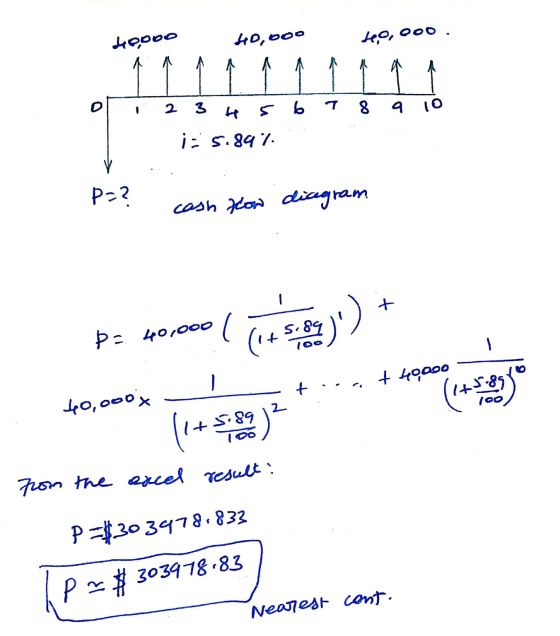 46ooo 40,000 teo,000. 1 2 3 H 6 7 8 9 10 i: 5.847 P=? cash flow dicegram. + ( S. 84 87 )) Þa. 40,000 (1+ + 49000 t 40,000 (+