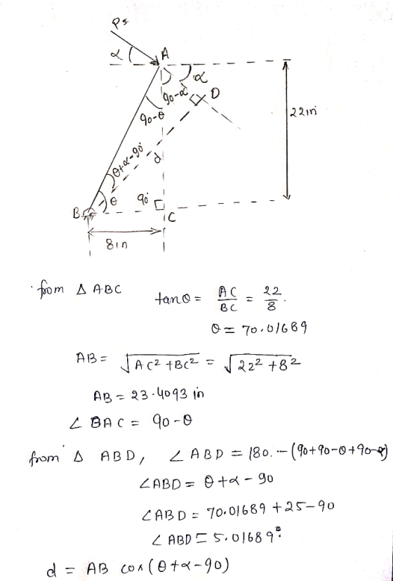 70 2218 d 26=270 CE 90 - - - - - - IC sin i fom A ABC tano - AC = 3 0 = 70.01669 AB=JA (2 +B(2 = √22² +82 AB= 23.4093 in < BA