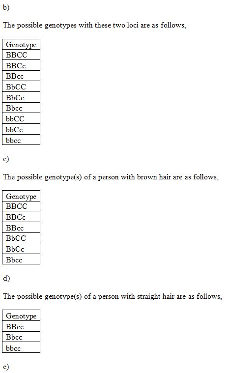 b) The possible genotypes with these two loci are as follows, Genot BBCC BBCc BBcc BbCC BbCc Bbcc bbCC bbCc bbcc c) The possi