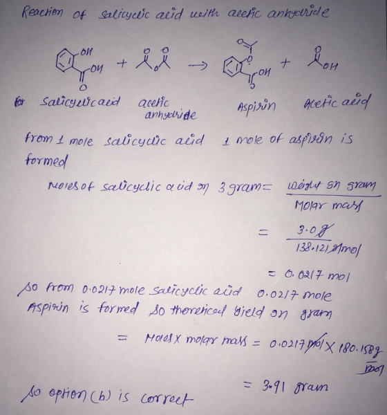 Reaction of Salicycec acid with alenc anhydride -61 -OH Aspirin acetic and for Salicywicaid acelic anhydride from 1 mole sali